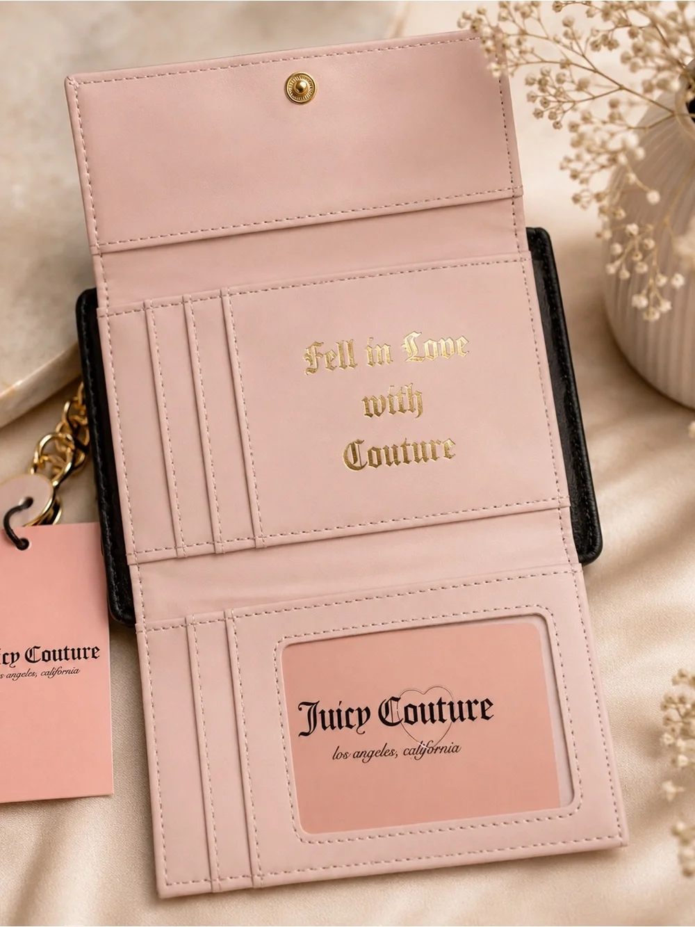 Juicy Couture Black Leather Card Wallet with Gold Plate